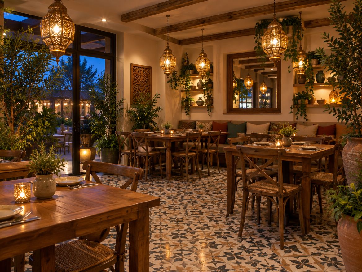 The dining room at night, with hanging brass lanterns, wooden tables and a patterned tile floor