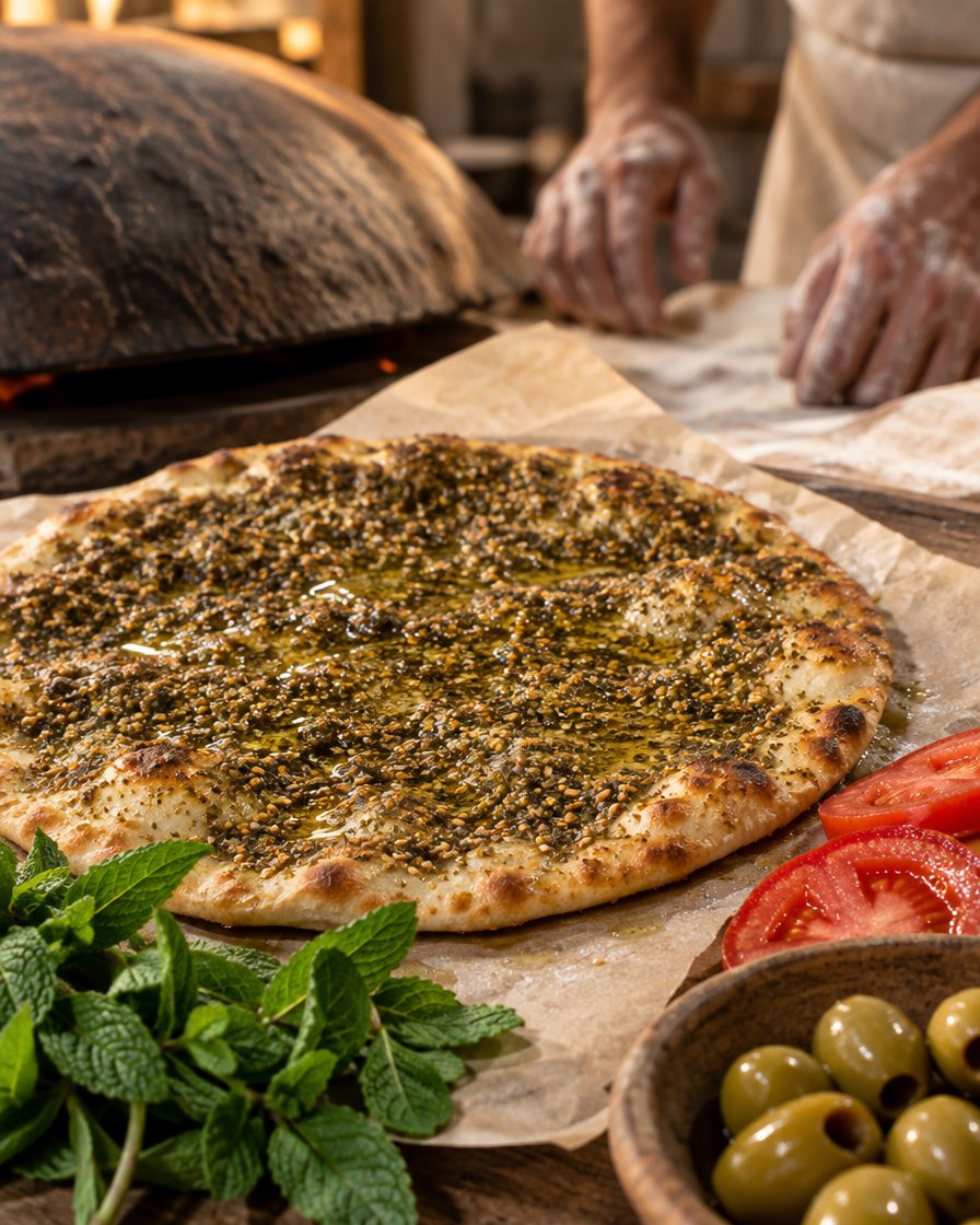 A za’atar manoushe fresh off the saj with mint, olives and tomatoes, the baker’s hands rolling out dough behind it